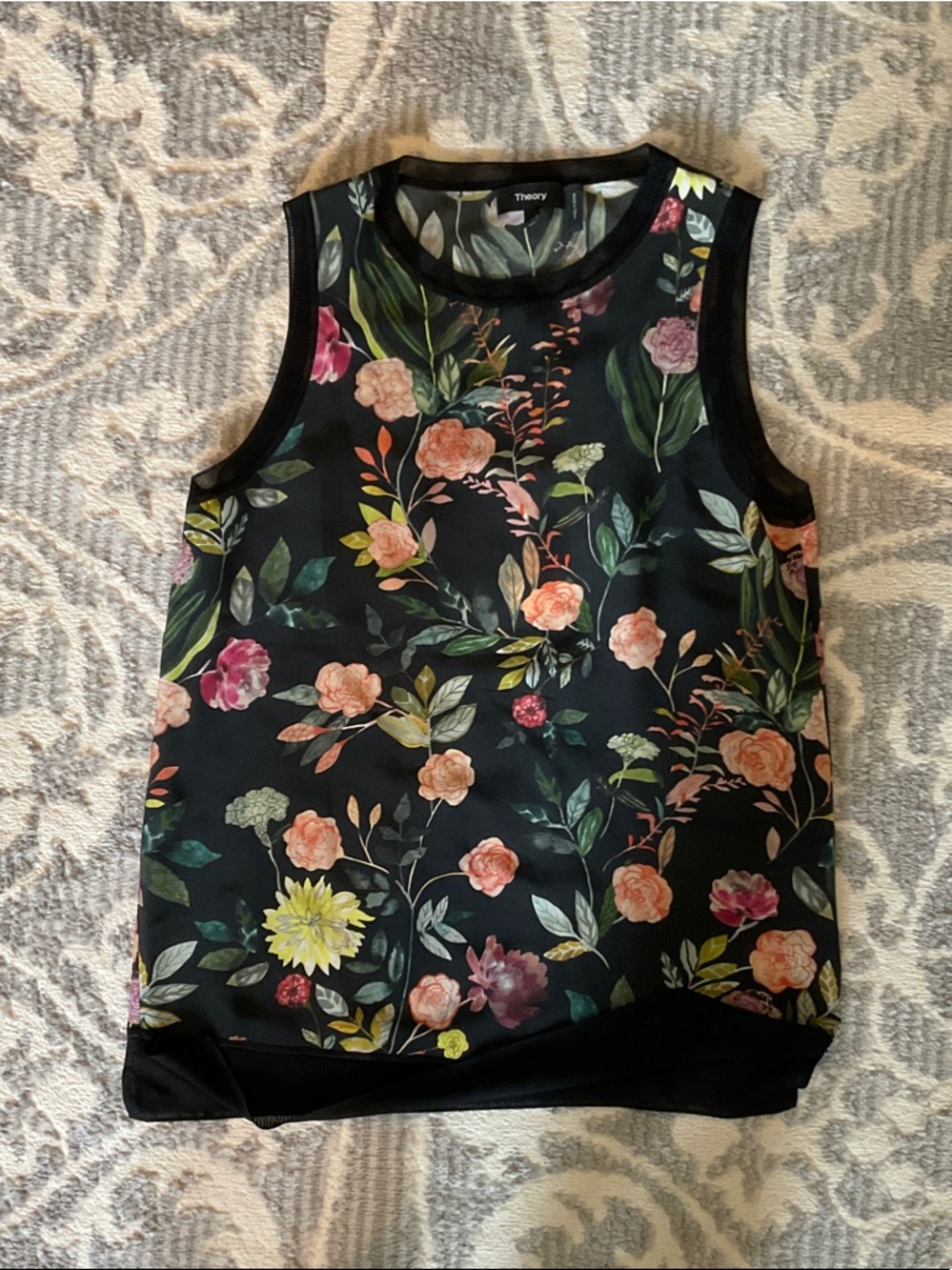 Theory Black Floral Sleeveless Tank Top with detailed edging on neckline, base.